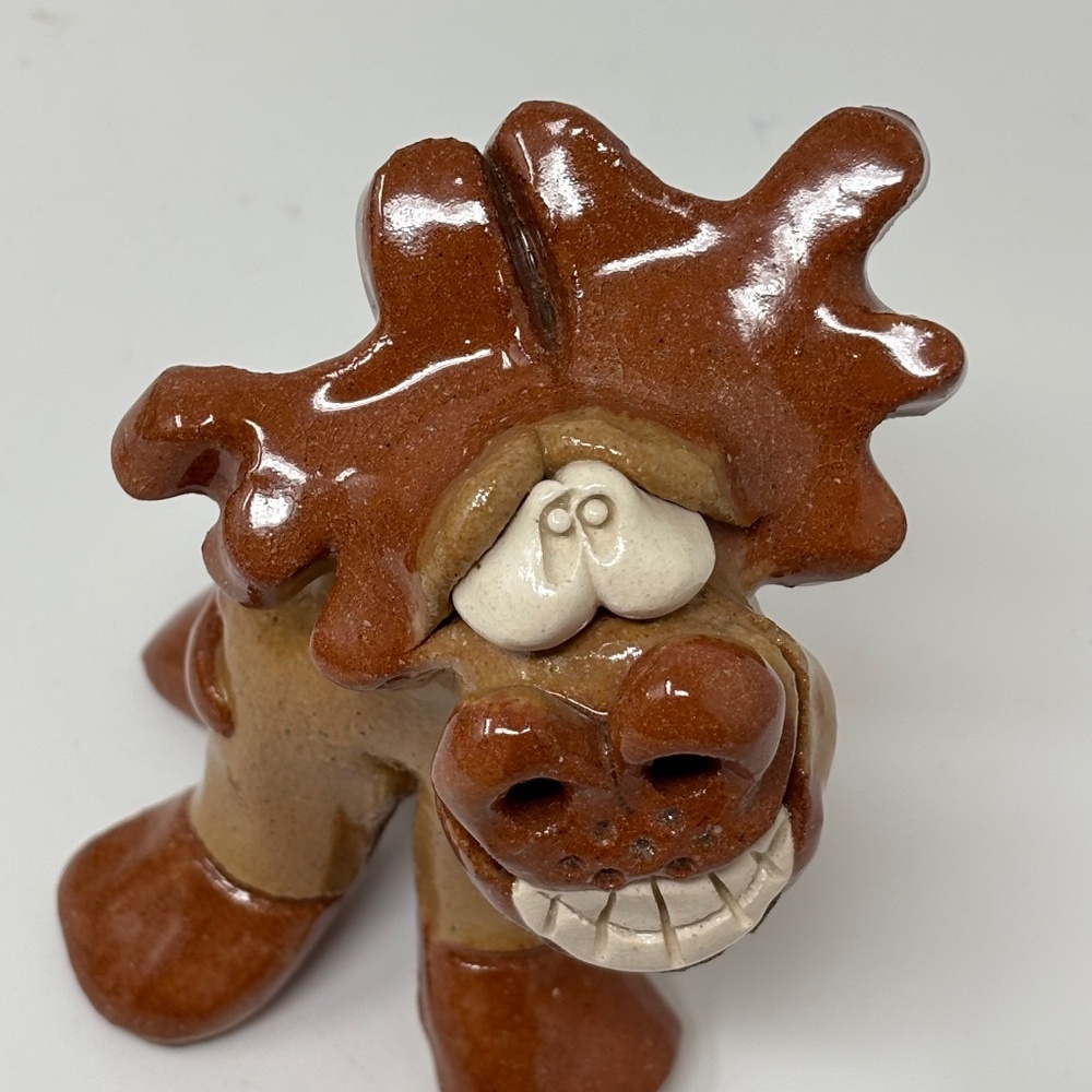 Handmade Pottery Ceramic Moose Figurine Big Smiling Teeth Marked Hicks Brown